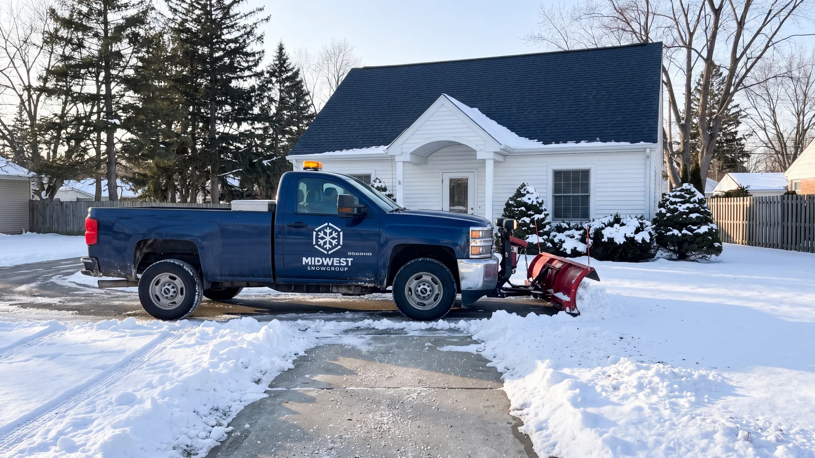 A custom brand scene of a Midwest Chevrolet pickup clearing snow at a compact professional office on a sunny winter morning.