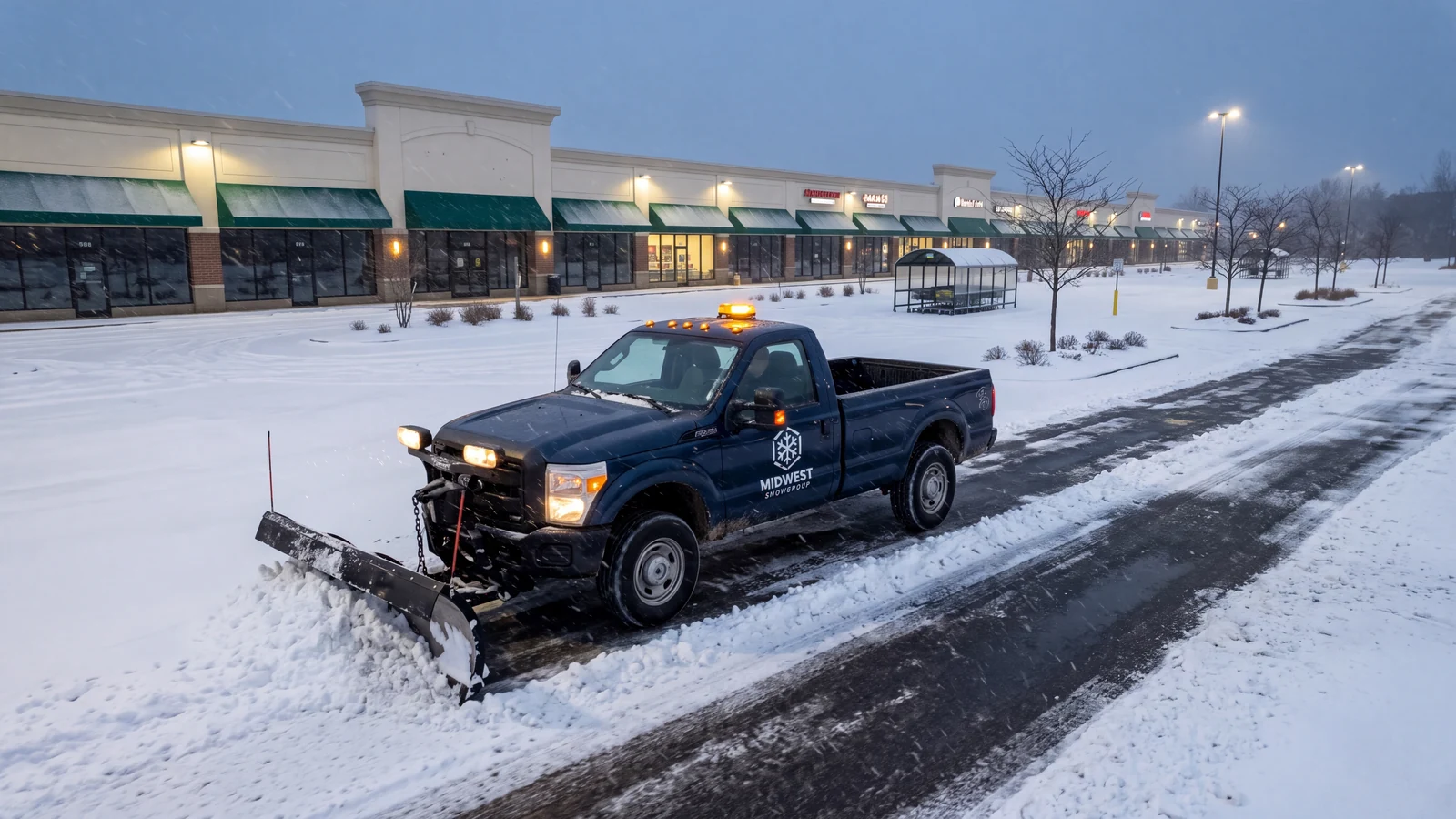 A custom brand scene of a Midwest Ford plow truck actively clearing fresh snow at a retail plaza before sunrise.